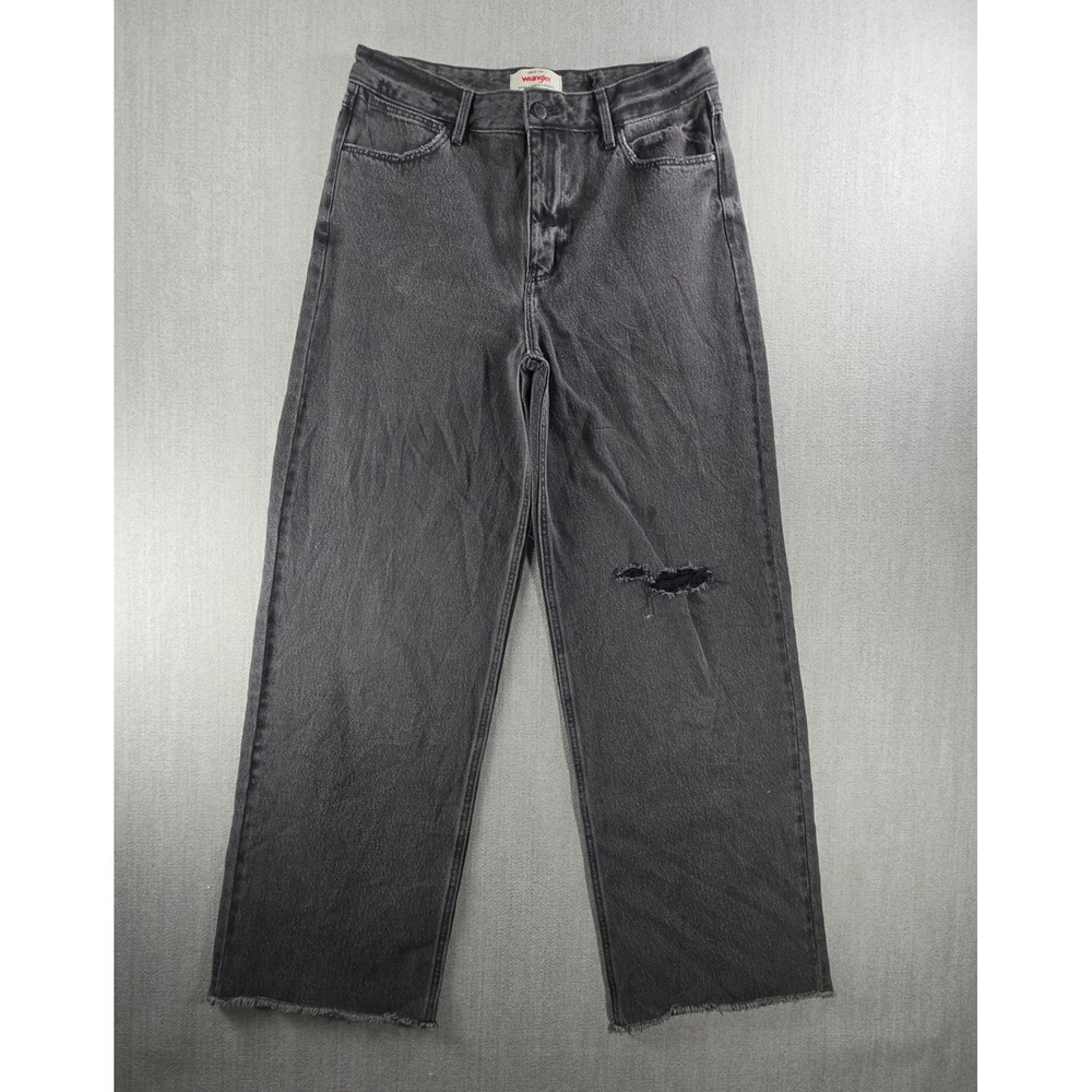 Wrangler Jeans Womens 6x30 Black Distressed Wide Leg High Rise Raw Hem Denim